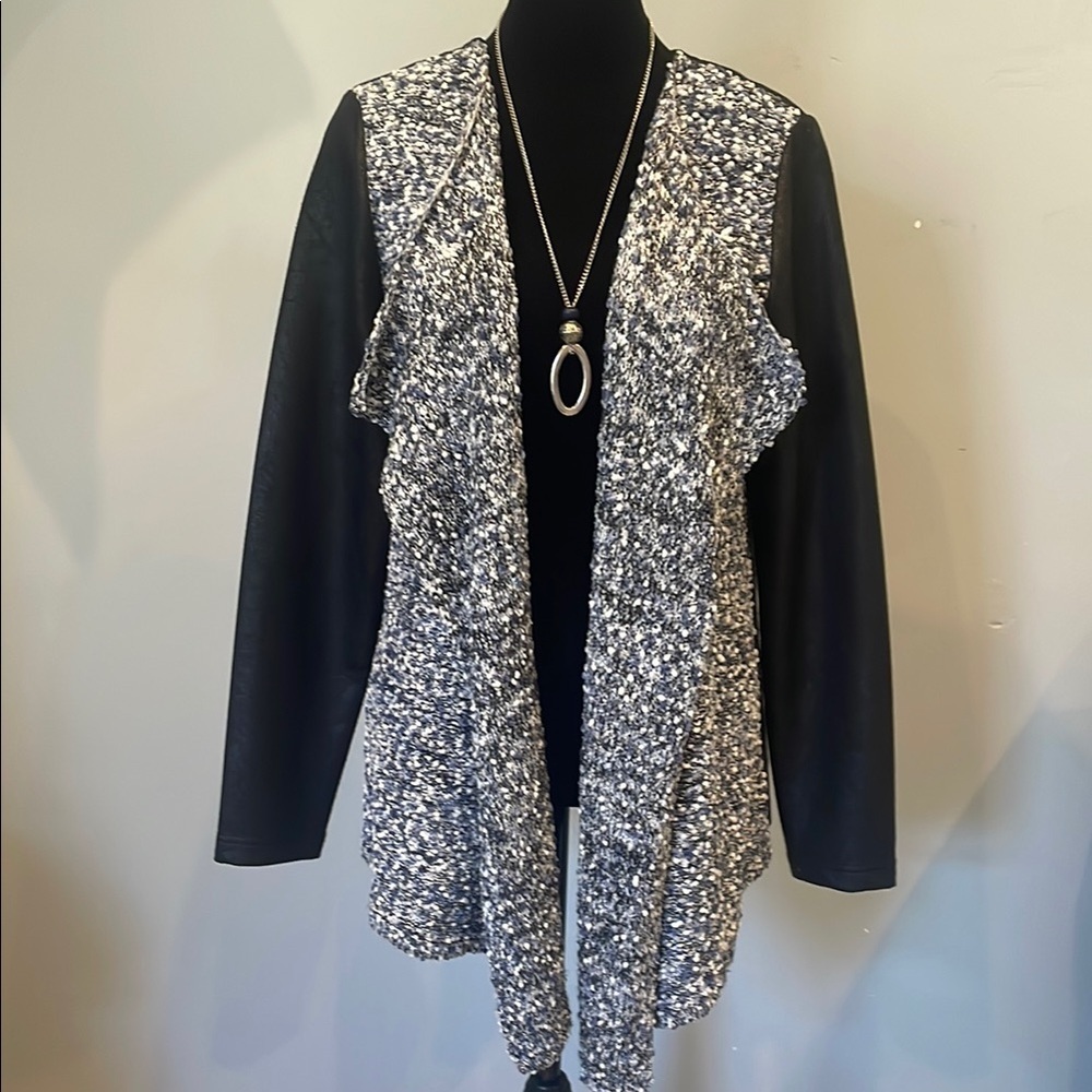 Open Front Cardigan black leather back and sleeves with blue and white fabric